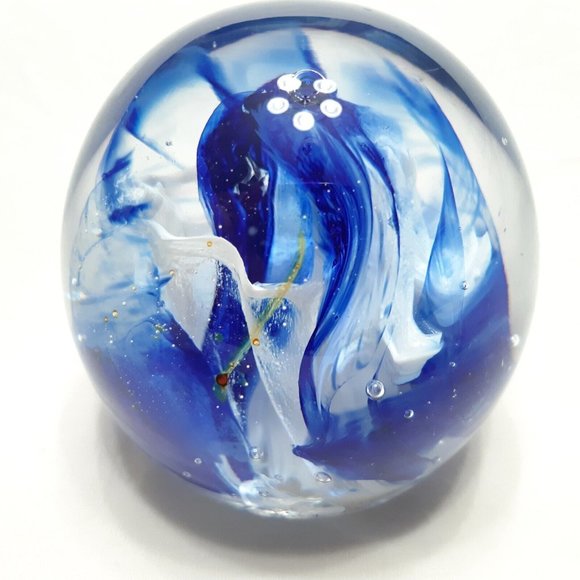 Vintage Kerry Glass Paperweight Round Size Small Blue Swirl Latticinio 3 in Tall - Picture 5 of 10